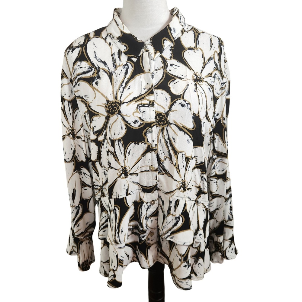 Habitat Womens XL Floral Bold Print Blouse Button Down Flowy Shirt‎ Peplum Top